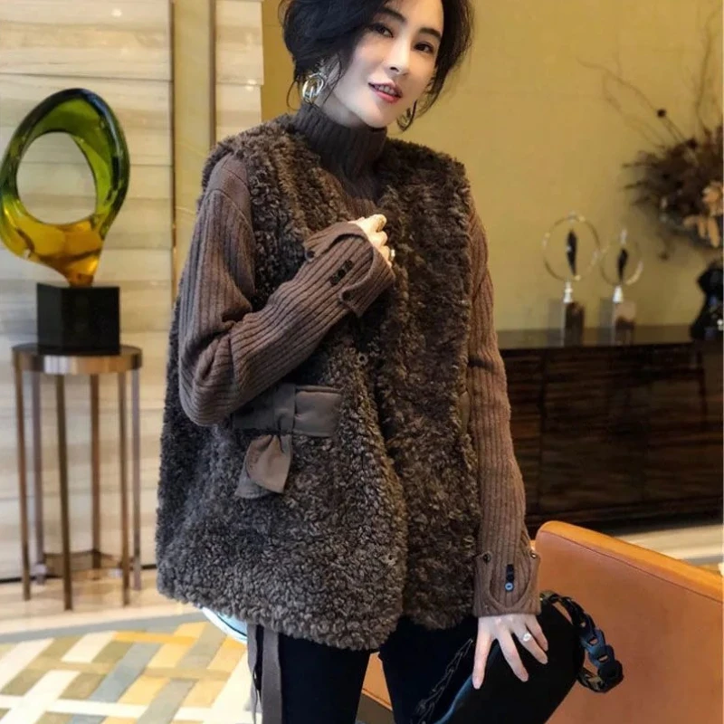 

Женский жилет на флисовой подкладке большого размера, осень-зима 2026, верхняя одежда, уютная куртка из смесовой шерсти ягненка, корейский стиль, европейская мода