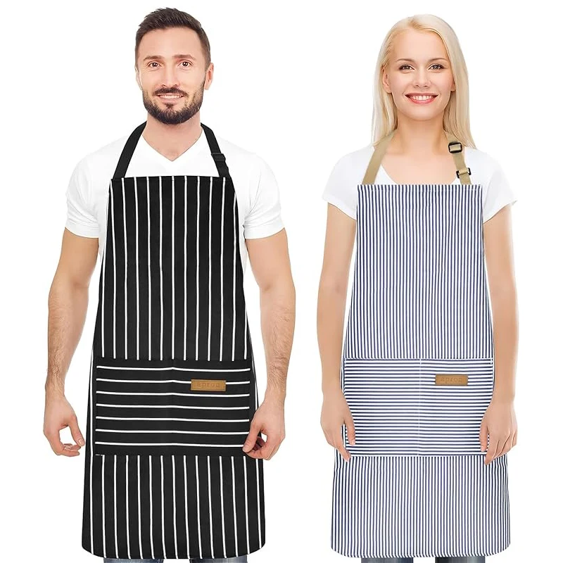 

White Black Striped Kitchen Restaurant Gardening Cafe Work Clothes House Work Accessories 2 Pockets Adjustable Neck Hanger Apron