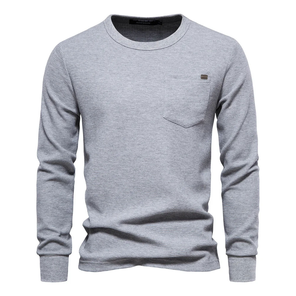 AIOPESON Waffel Baumwolle Einfarbig Männer T-shirts Einzelne Tasche Langarm T-shirts für Männer Neue Frühling Grundlegende Atmungsaktive Tops Männer