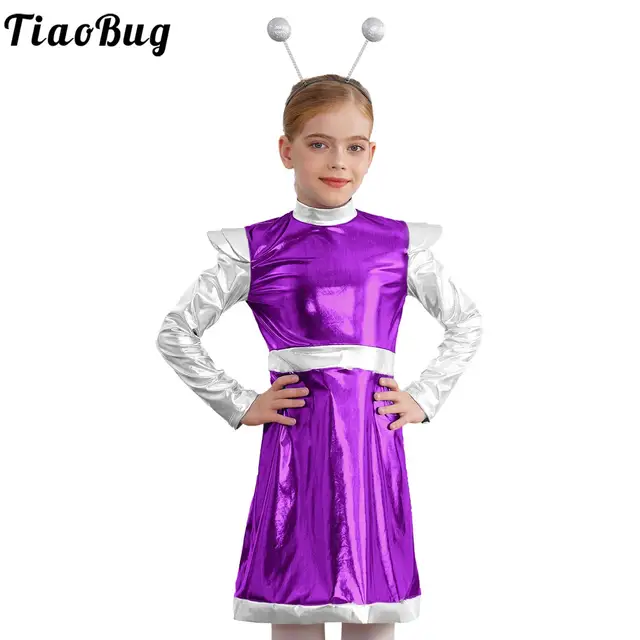 Strój Cosplay dla Dziewczyn: Obcy Robot Astronauta, Błyszczący Metaliczny Strój Kosmiczny, Sukienka do Odgrywania Ról, Przebranie na Halloween, Fantazyjne Stroje