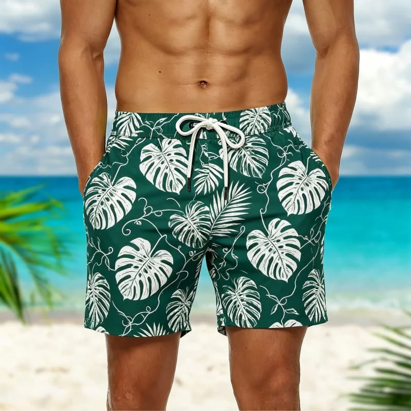 Men's Tropical Line Art Print Casual Shorts, for beach vacations, pool parties, seaside walks and daily summer routines.