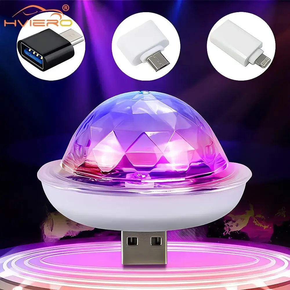 1pcs Mini USB Disco Led Magic Dj Light Stage Effect Micro Type-C Ios Crystal Ball Sound Atmosphere Party Lamp Interior Available