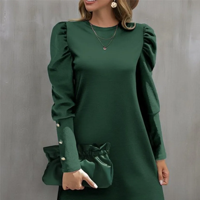 

Elegant Party Dress Spring Autumn New Solid Color Round Neck Puff Sleeve Button Long Sleeve Loose Casual Sweatshirt Black Dress