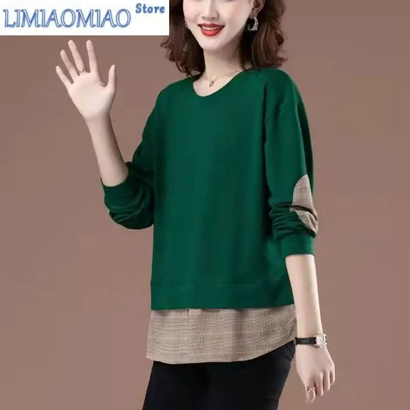 Color Matching Sweatshirts Women Long Sleeve Autumn New Loose Patchwork O-collar Office All-match Lady Casual Fashion Top
