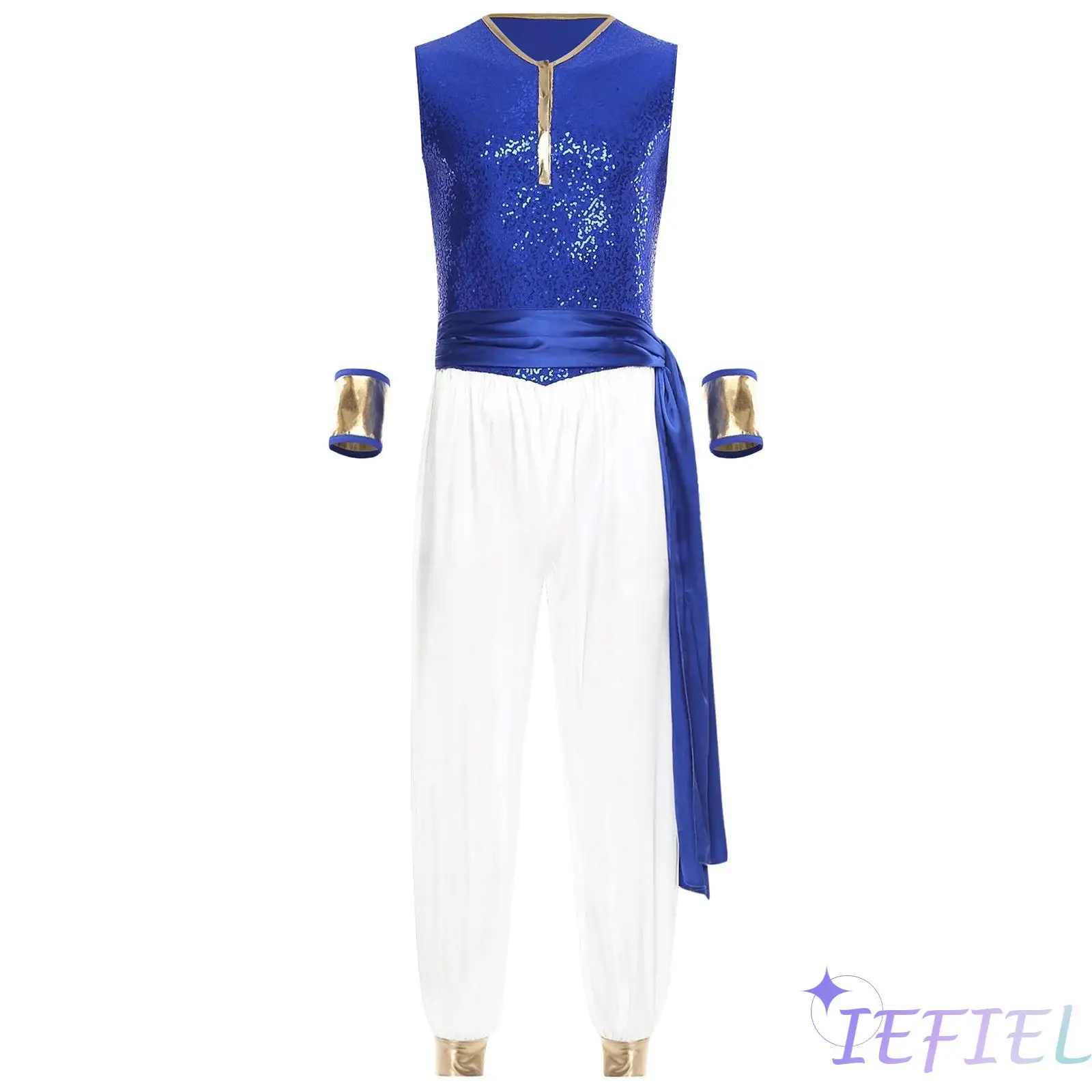 

Mens Arab Prince Cosplay Romper with Waist Belt And Sleeves Sequin Bodice Satiny Loose Pants Jumpsuit for Magic-Lamp Dress-up