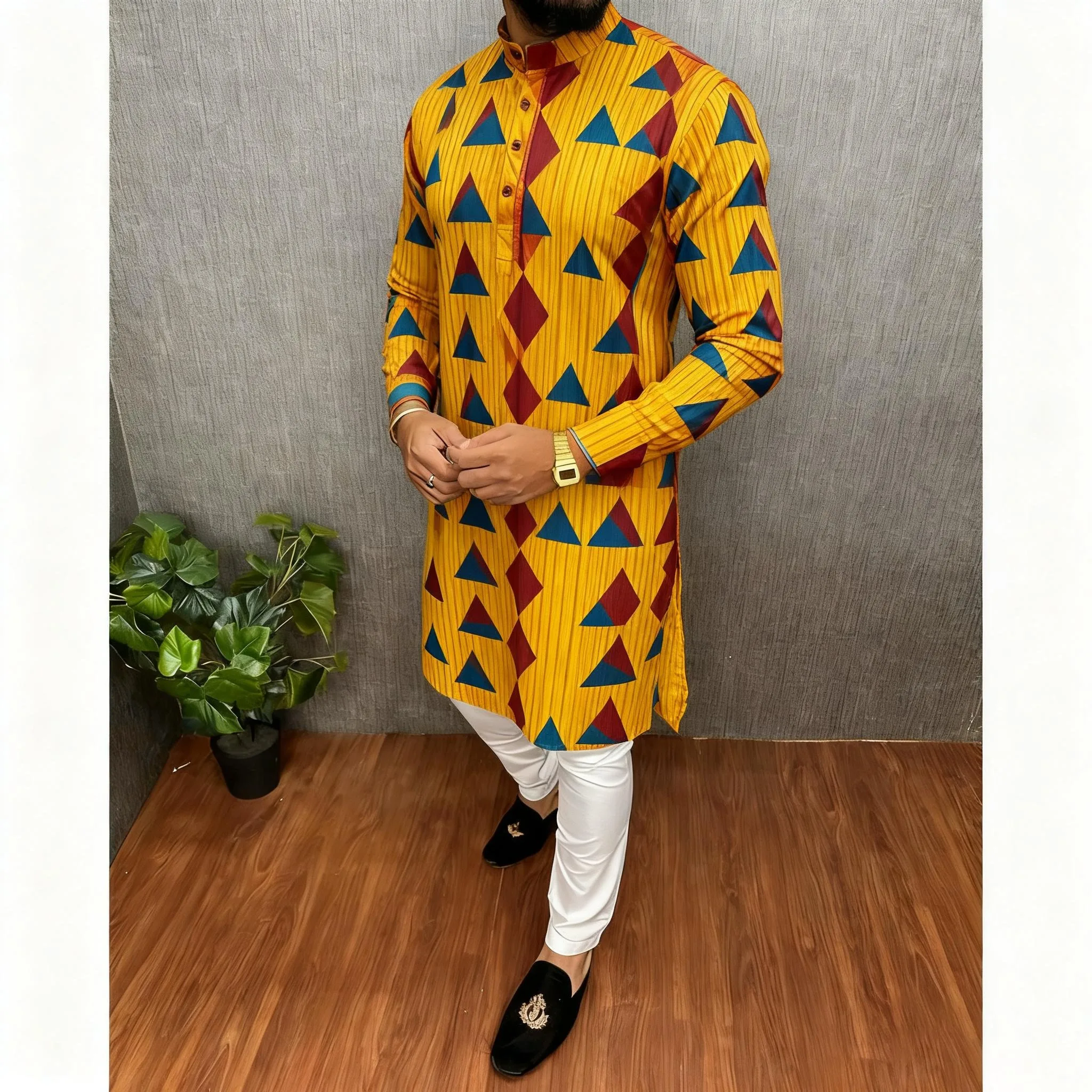 メンズゆったりムスリムシャツ 春 スタンドカラー カジュアルシャツ カフタン 長袖 メンズトーブ クルタ ロパ・アラベ カミサ・アラベ オムブレ