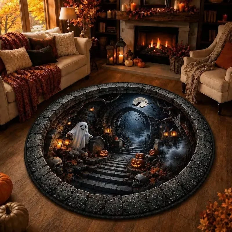 Haunted Graveyard 3D Optical Illusion Round Rug, Ghost Tombstone Bat Full Moon Halloween Print, Household Decor Carpet