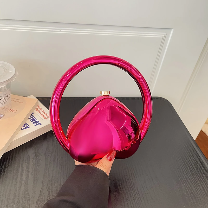 Women Luxury Metal Ring Handle Evening Bag Glossy Triangle Hard Shell Clutch Handbag Banquet Prom Cocktail Party Ladies Purse