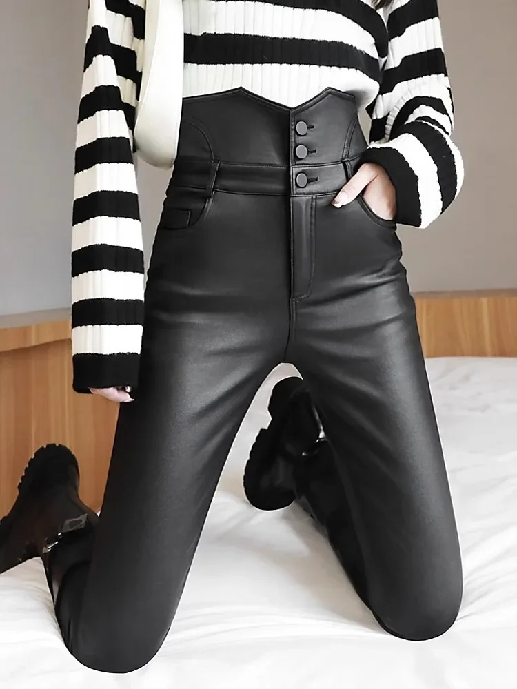 

Fleece-Lined Leather Pants High-Quality PU Leggings Fall/Winter Black Elastic Matte Slim Wearing Small Feet Tight Trousers Women