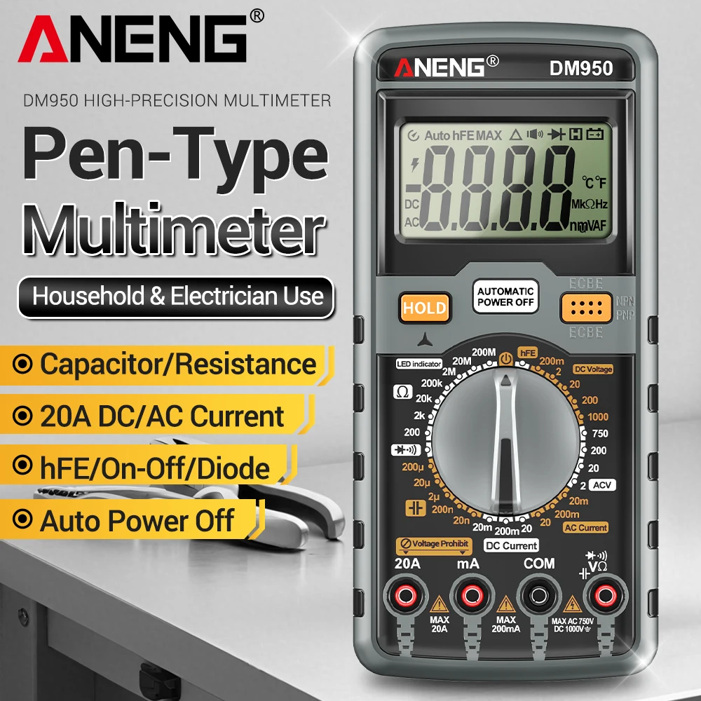 

Цифровой мультиметр ANENG DM950 1000В AC/DC для измерения напряжения и тока, 1999 показаний, измерение сопротивления и емкости, для электриков и домашнего использования