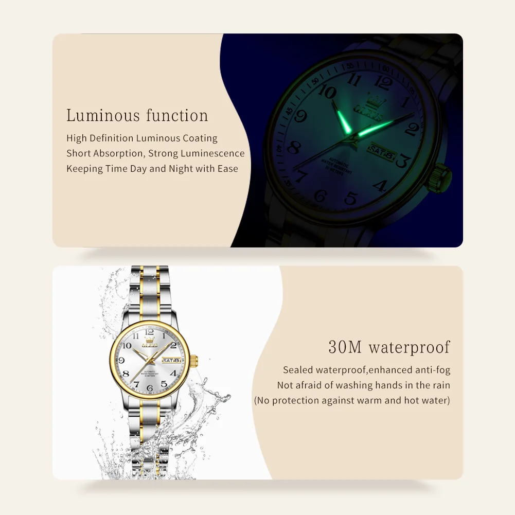 OLEVS Luxury Watch for Woman Ladies Elegant Automatic Mechanical  Watch Waterproof Luminous Date Stainless Steel Women's Watches