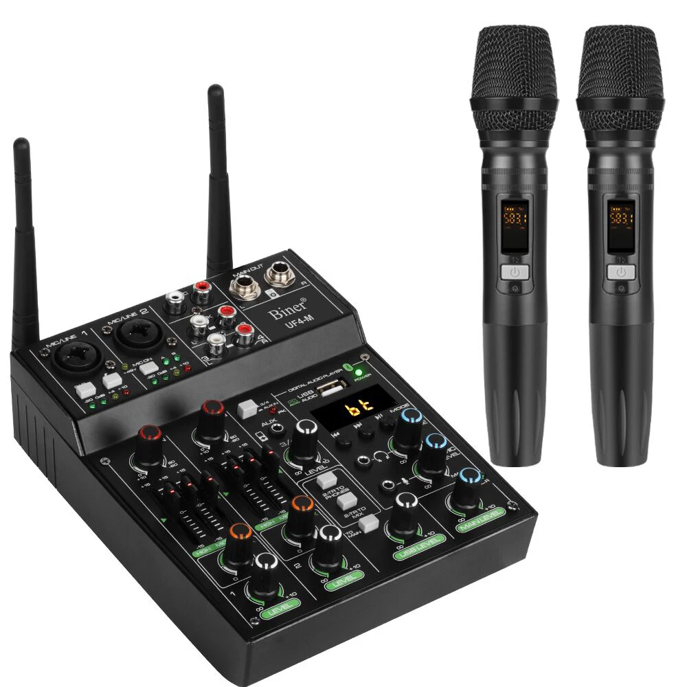 

Professional Portable mini 4 channel audio mixer with 2 Wireless Microphone 4 Channel DJ USB Audio Console