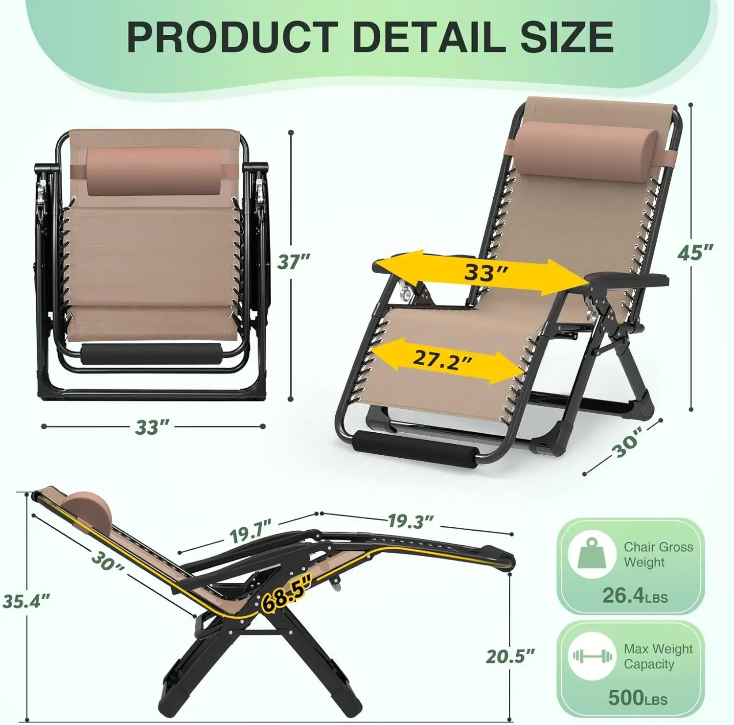 Zero Gravity Chair,33In XXL Lounge Chair w/Removable Cushion&Headrest, Reclining Camping Chair w/Upgraded Lock and Footrest, Rec