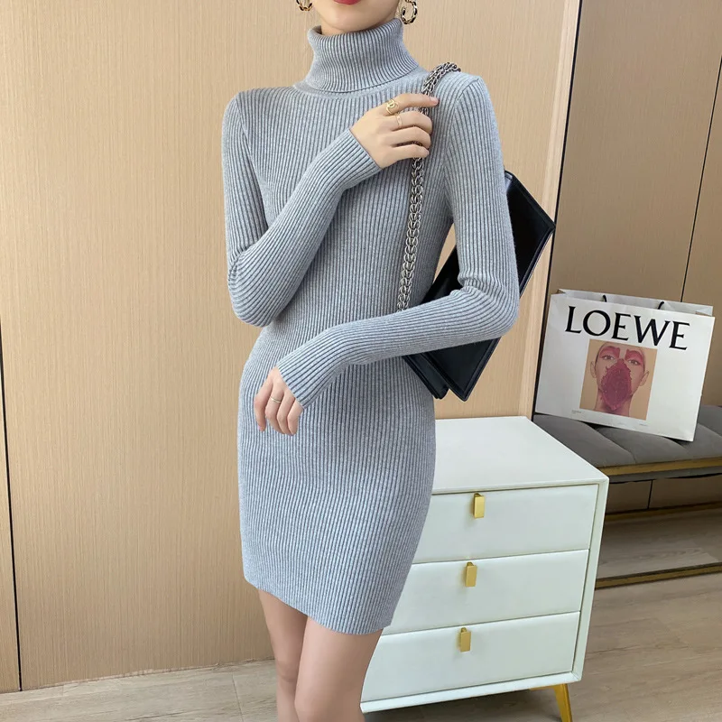 Women Sexy Knitted Dress Turtleneck knit Dresses Full Sleeve Stretch Basic Long style Bodycon Solid Sweater