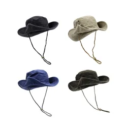 Chapeau de Cowboy occidental pour hommes et femmes, pare-soleil d'été, Vintage noir, cordon de serrage, chapeau de pêcheur, chapeau d'alpinisme Tide A60