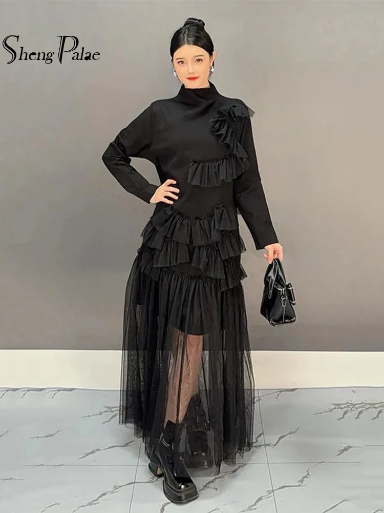 SHENGPALAE Spliced Guaze Long Dresses Women Stand Collar Full Sleeve Ruffles Solid Color Vintage Style New 2024 Dress 5C1546