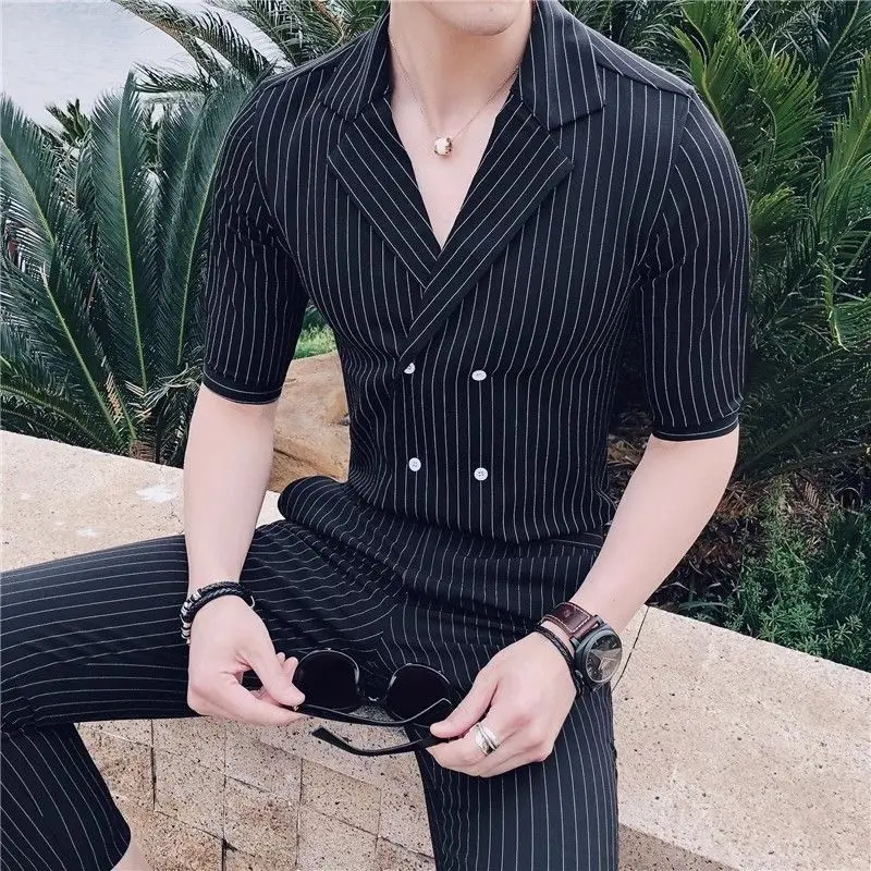 3-A95  2024 striped suit niche three-quarter short-sleeved summer Xiaoxiang style bran\'s double-breasted high-quality suit