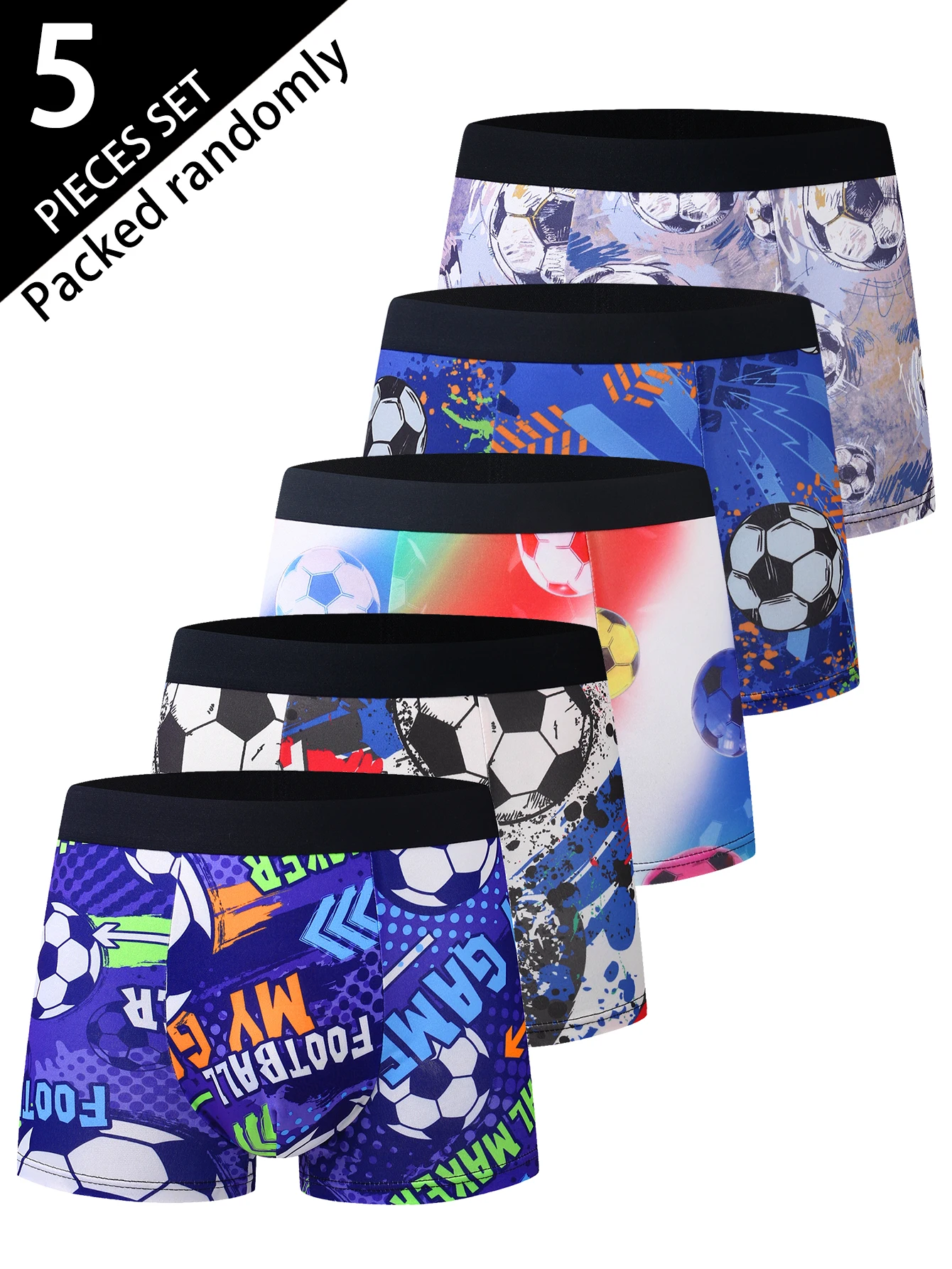 

Набор из 5 мужских трусов-боксеров с футбольным принтом: комфортные, дышащие, с эластичным поясом, спортивные, повседневные, стильные