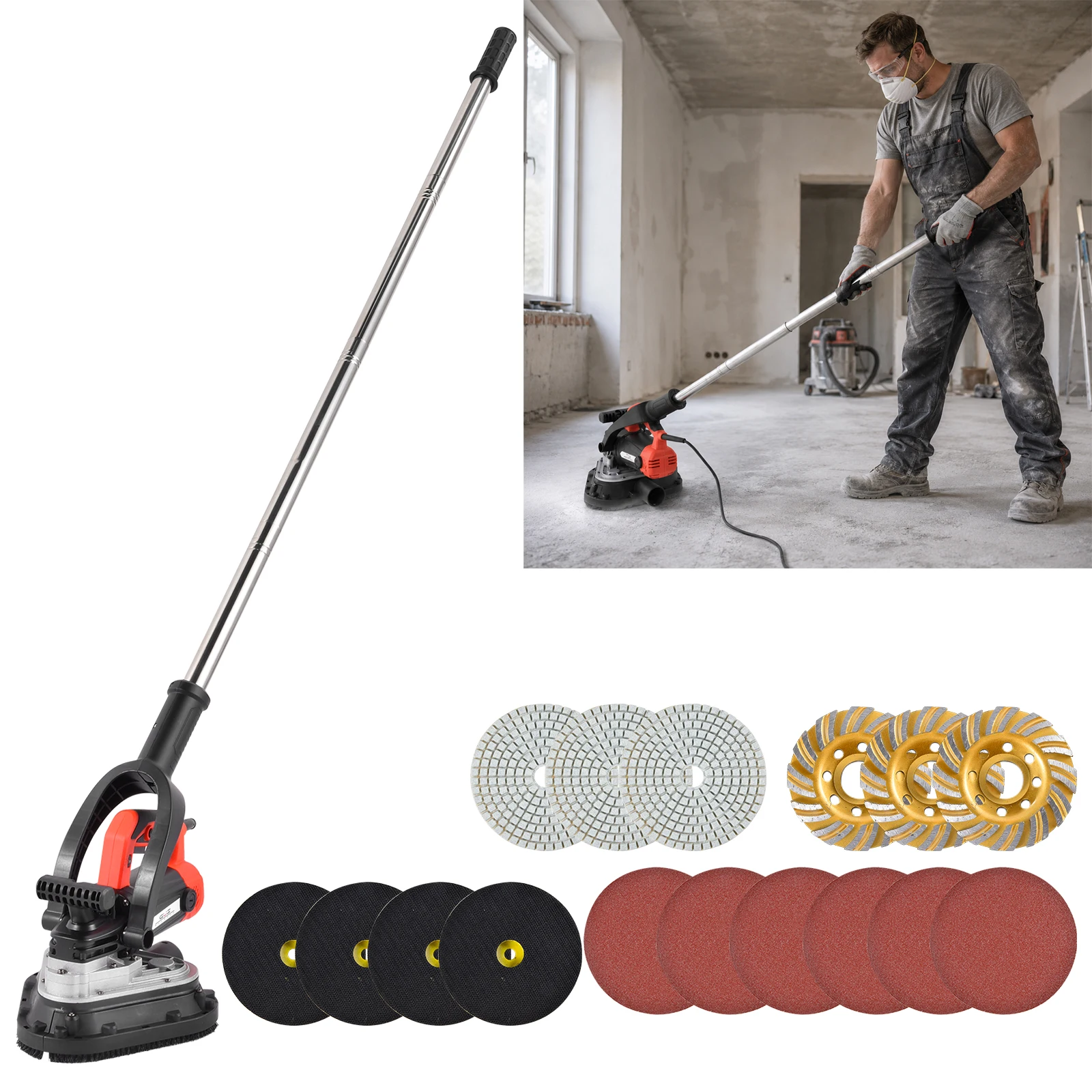 Concrete Floor Grinder, 3-Head 2450W Three-Axis Concrete Grinding Machine, 6-Speed Variable Floor Sander with Extension Pole, for Grinding Cement, Marble, Granite Surfaces, Ideal for Floor Renovation and Surface Preparation
