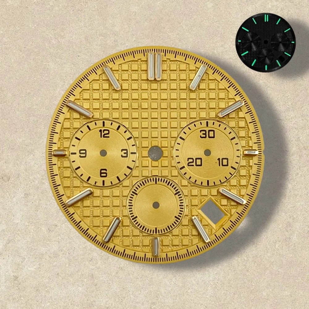 31.8 มม.S โลโก้ PANDA สามตา Dial Fit VK63 การเคลื่อนไหวสีเขียวส่องสว่างคุณภาพสูง Dial นาฬิกาการปรับเปลี่ยนอุปกรณ์เสริม