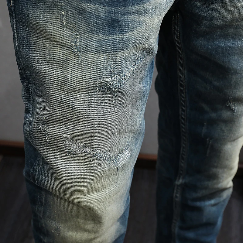 Newly Fashion Designer Men Jeans High Quality Retro Blue Slim Fit Ripped Jeans Men Trousers Vintage Casual Denim Pants Hombre