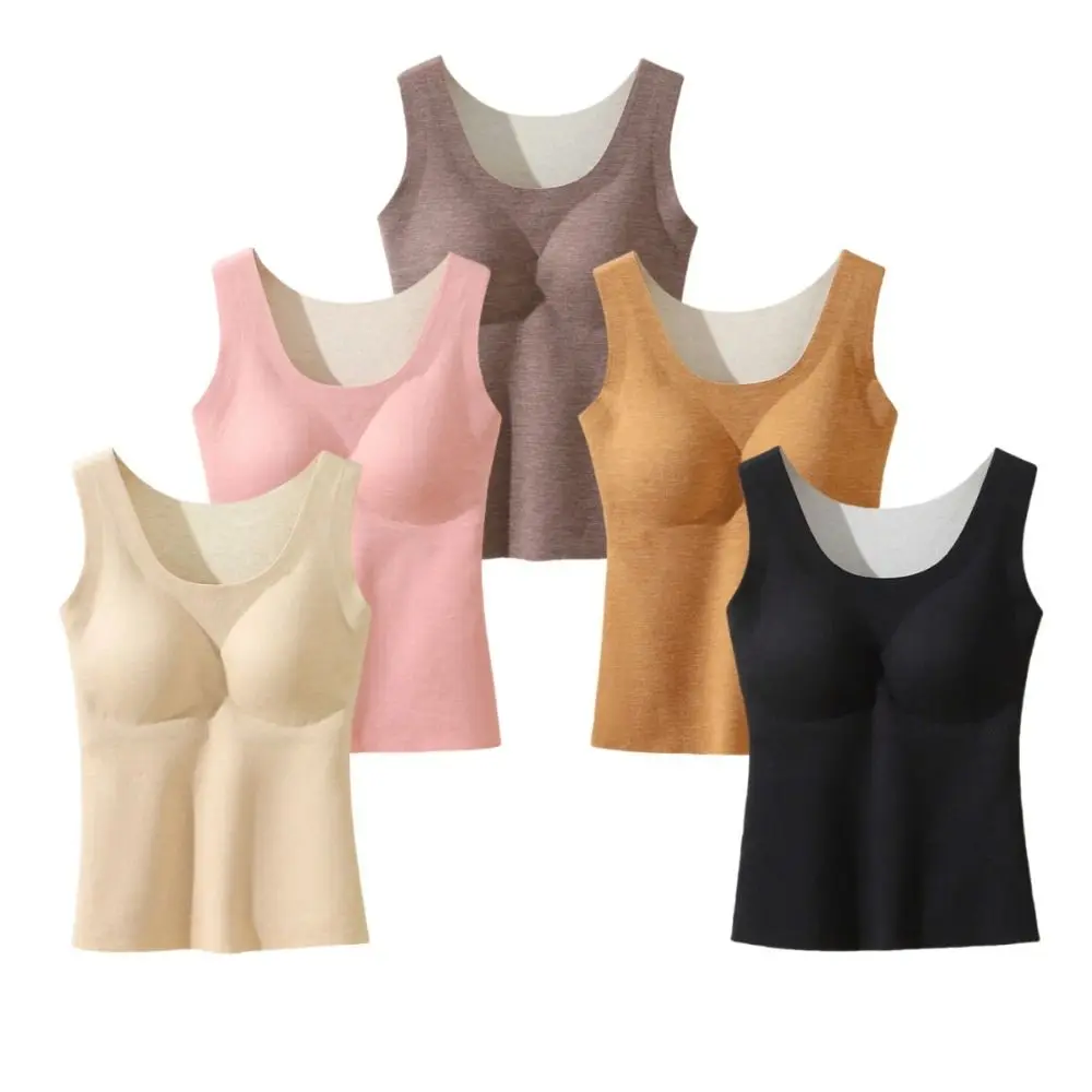 Elastic With Chest Pad Women Thermal Vest Soft Solid Color Thicken Bottoming Shirt O-neck Undershirt Sleeveless Vest Outdoor