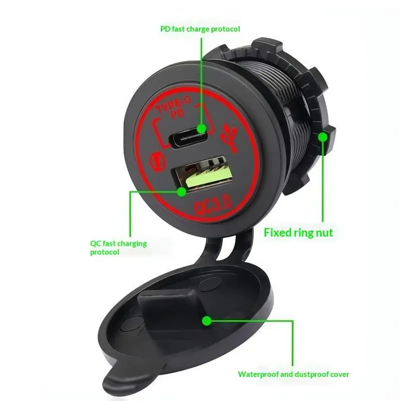 QC PD 3.0 Car Power Charger Socket 12V 24V Waterproof with Switch for Car Truck ATV UTV Off-road Vehicles