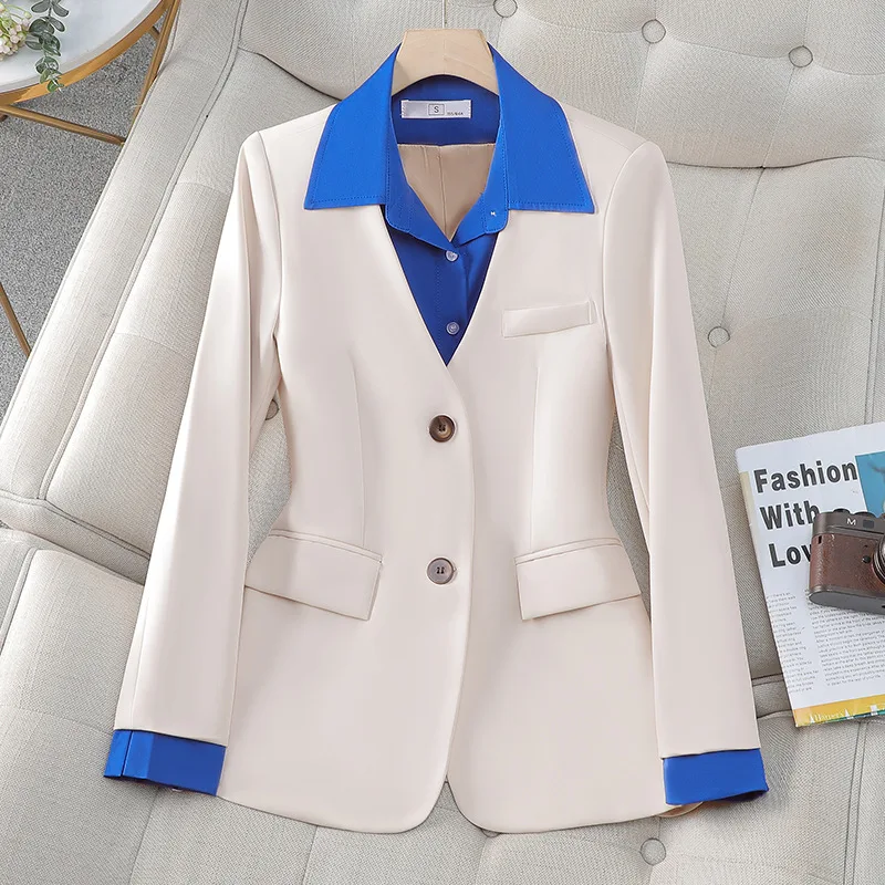 2024 New Fashion Fake Two Blazer Spring Autumn Jackets Korean Patchwork Long Sleeve Casual Tops Ladies Office Blazers Outwear