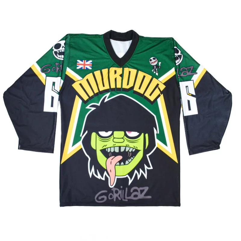 Men Gorillaz 2-D Character Long Sleeve Mesh Hockey Jersey, Y2K Virtual Band Anime Streetwear Retro Punk Casual Outfit Men Teens