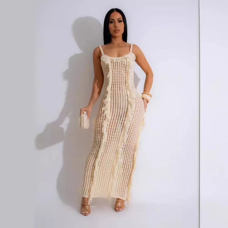 

Summer Crochet Knitted Tassel Beach Long Dress Women Fashion Spaghetti Straps Hollow Out Backless Stretch Vacation Cover Ups