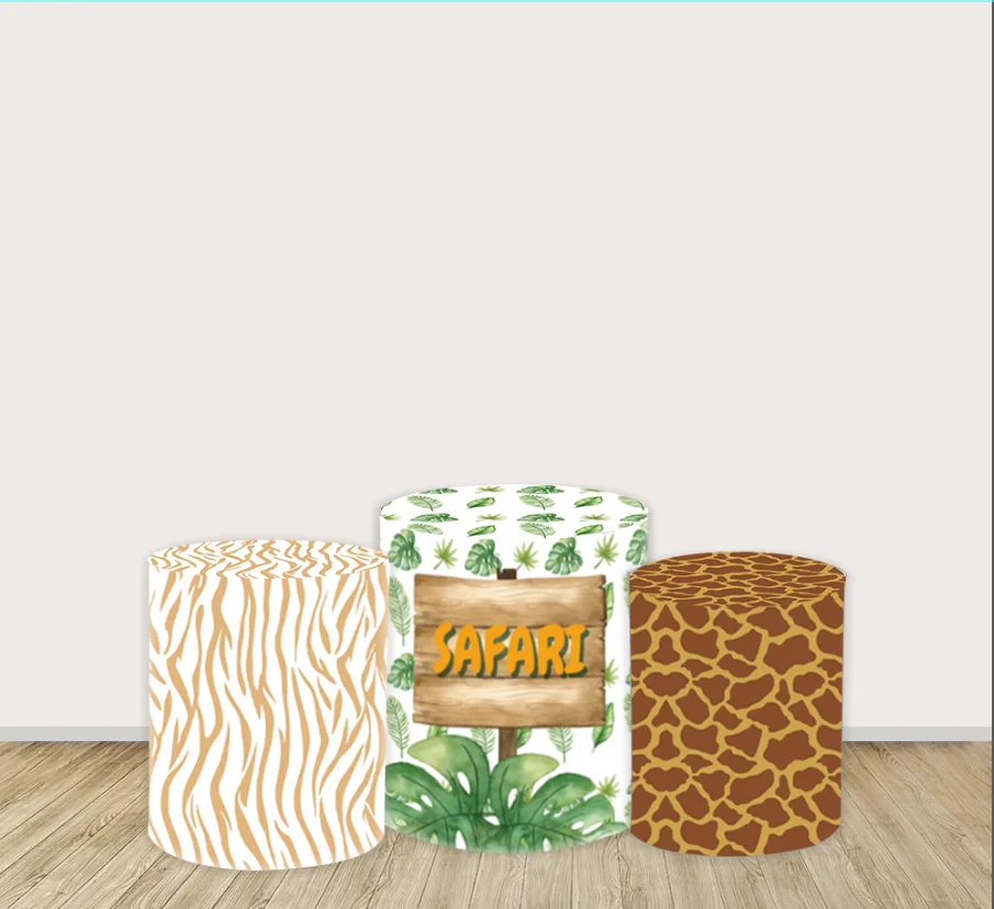 Mehofond Custom Cylinder Cover Backdrop Safari Jungle Leaves Animal Kid Birthday Party Plinths Pedestal Background Decor Elastic