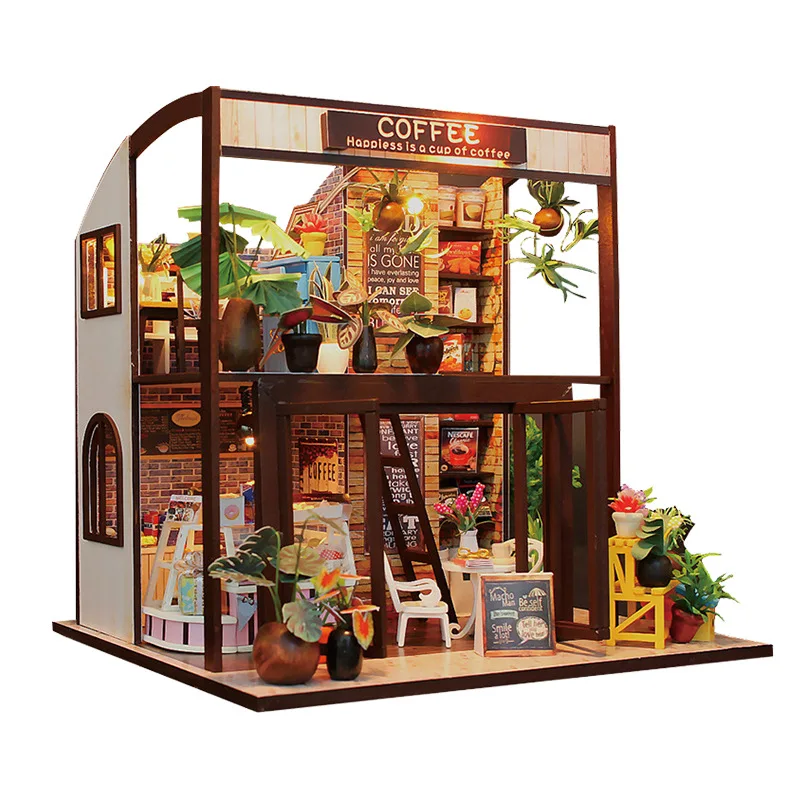 Kreative 3D Coffee Shop zusammengebaute Bausätze Modell mit Lichtern Holzpuzzles Desktop-Dekoration Spielzeug Geschenk für Kinder