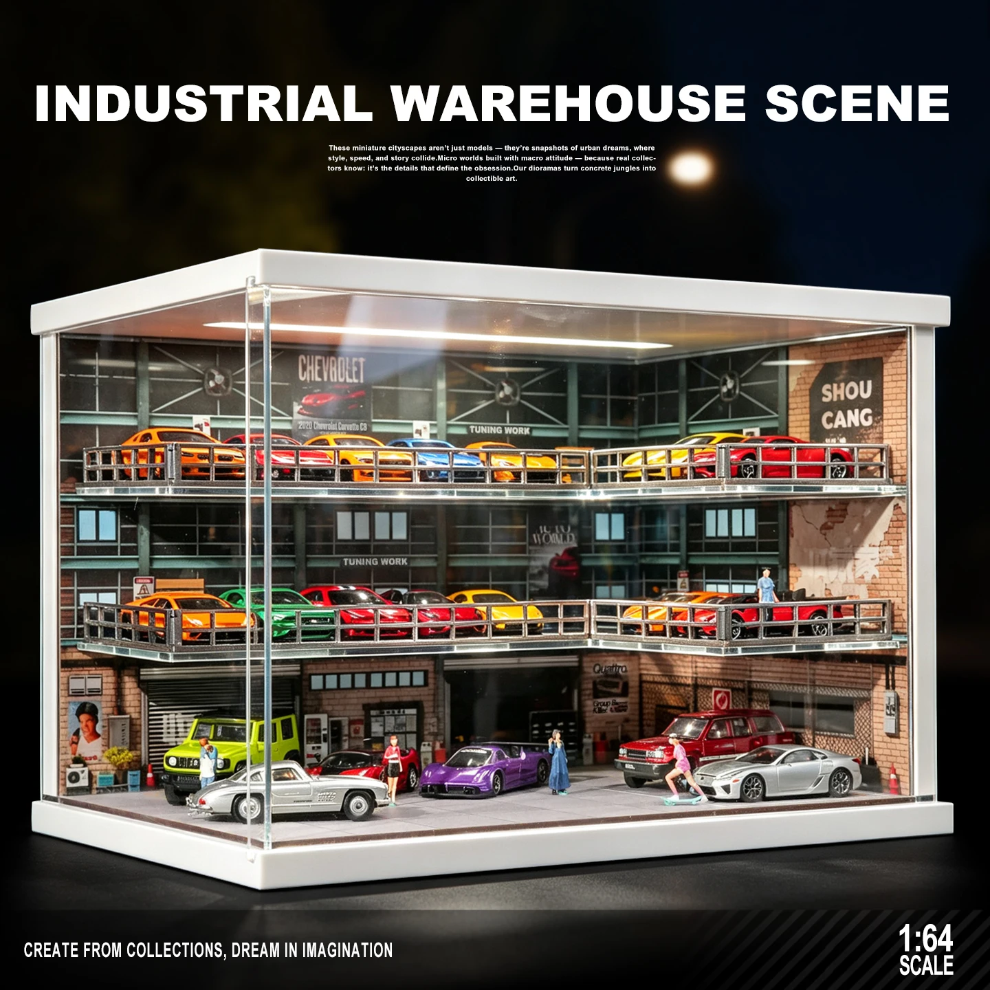 Collector 1/64 Assembled Industrial-style Parking Lot Scene Alloy Small Car Model Storage Dust-proof Display Box Decorative Item