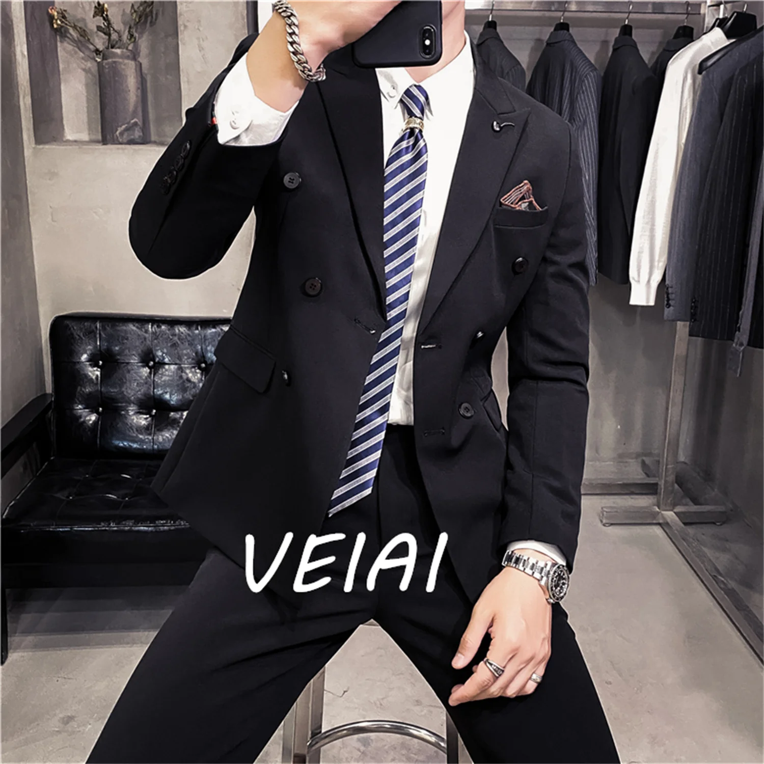 Costumes de fête formelle pour hommes, personnalisés à deux boutons, costumes d'affaires pour hommes, 2 pièces (veste + pantalon + cravate)