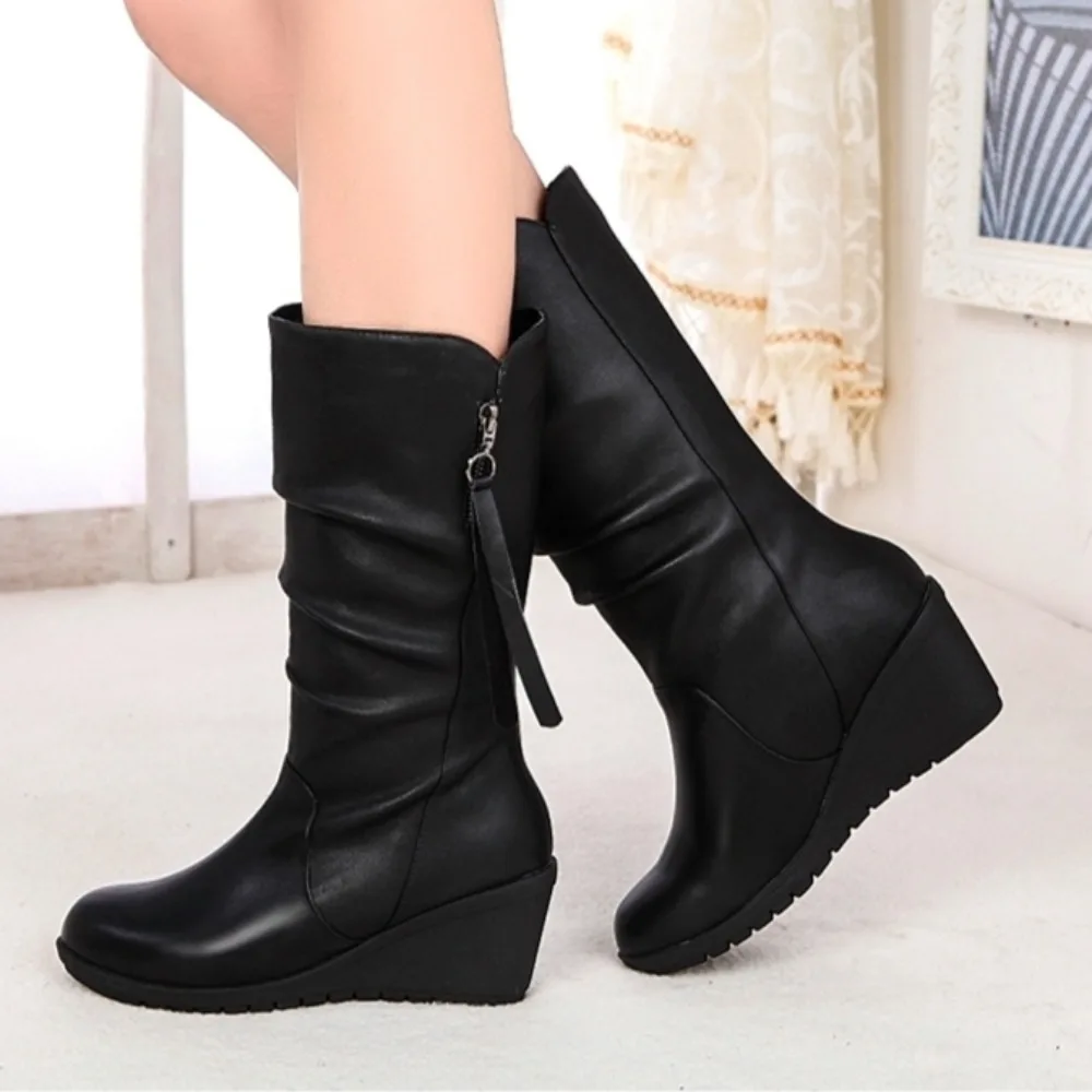 Zapatos Autumn Winter Anti Slip Slope Heel Women Boot Casual Mid Tube Warm Snow Boot English Chelsea Boot Large Women Shoes