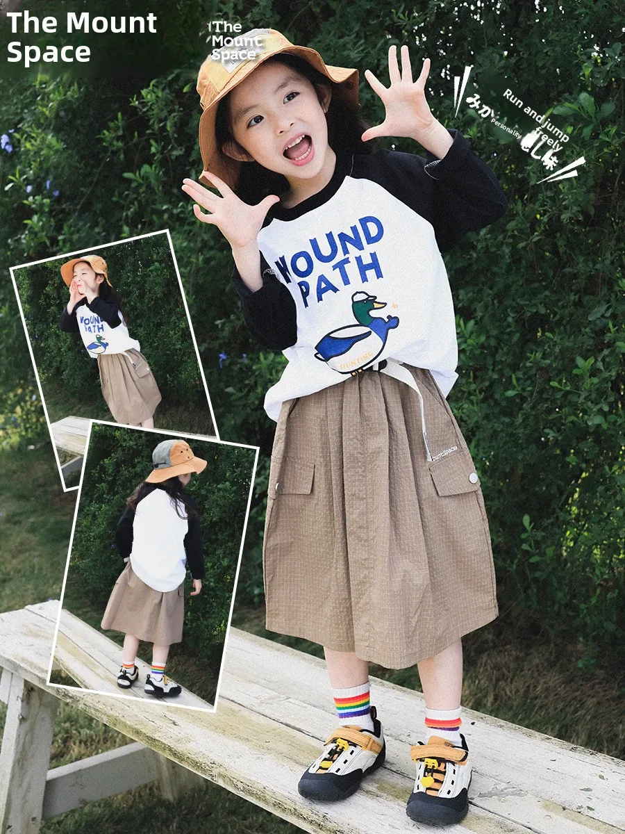 アウトドアガールズ衣装セット長袖tシャツハーフスカートツーピース春の新作子供服マウンテンシリーズ