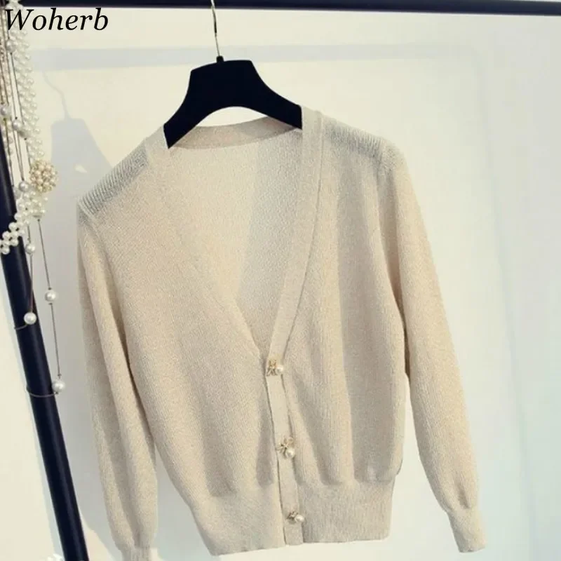 Woherb Autumn Women Cardigans 2024 Fashion Slim Ladies Knitted Sweater Korean V Neck Sueter Mujer Long Sleeve Buttons