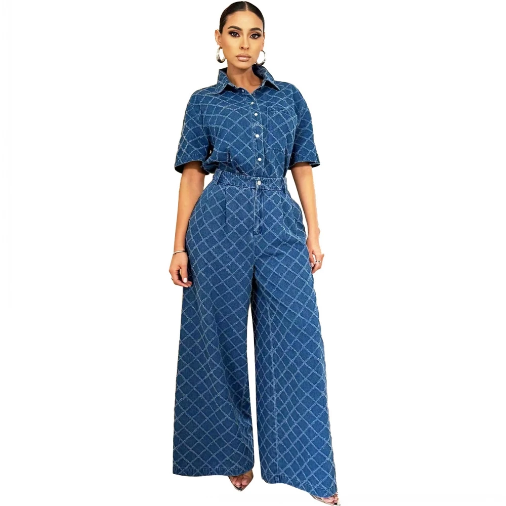 

Two Pieces Women's Sets Dashiki African Summer Autumn Plaid Single Breasted Denim Tops And Pants Jeans Suits Tracksuit Outfit