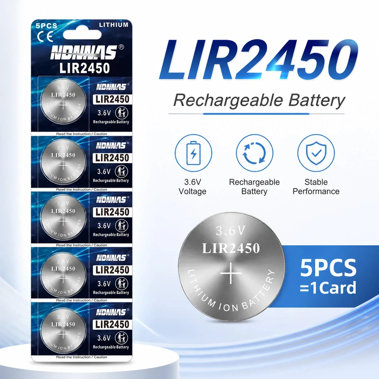 

LIR2032 3.6V 40mAh Rechargeable Lithium Coin Battery Compatible Replacement for CR2032 Button Cell Watch Remote Control Electron