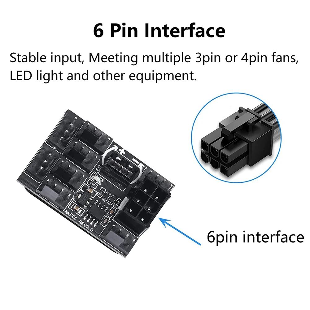 Adaptador de ventilador de 3 pines y 4 pines, regulador de cubo de ventilador de refrigeración de chasis de PC PWM, divisor de 8 vías, controlador de velocidad de 12V con puerto de alimentación de 6 pines