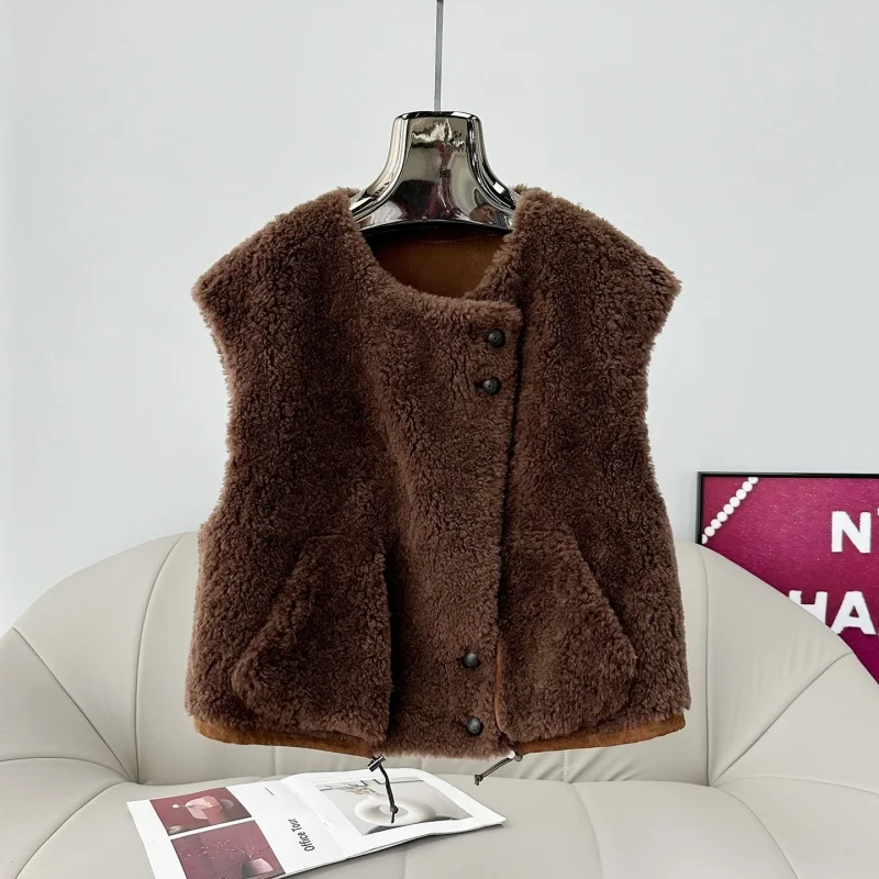 2025 Herbst/Winter Neuankömmling Lammfell-Manteljacke Damen Loose-Fit Wolle Stilvolle Weste PT508