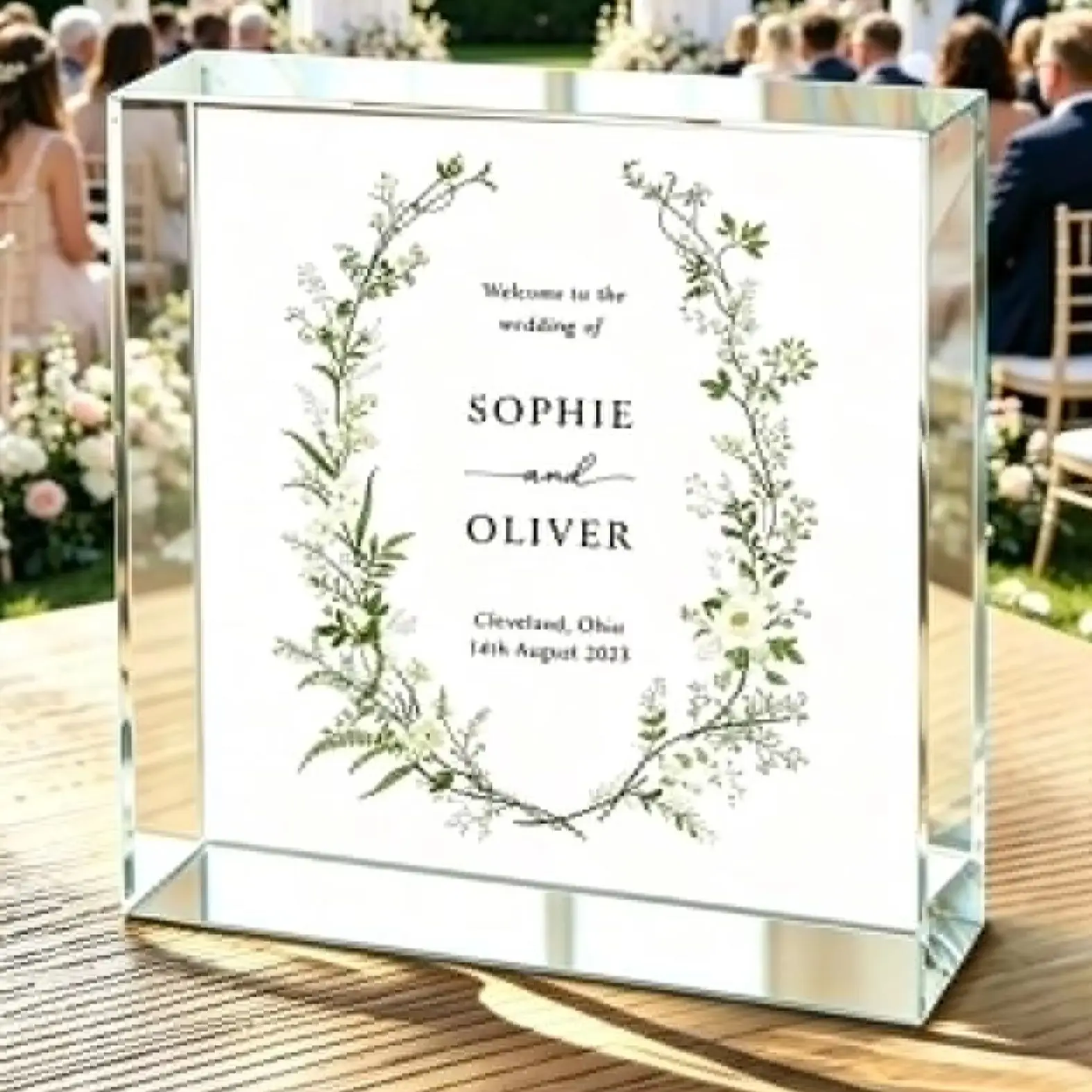 Personalized Wedding Welcome Acrylic Sign Custom Names Venue Date Floral Design Clear Acrylic Block Tabletop Decoration Wedding