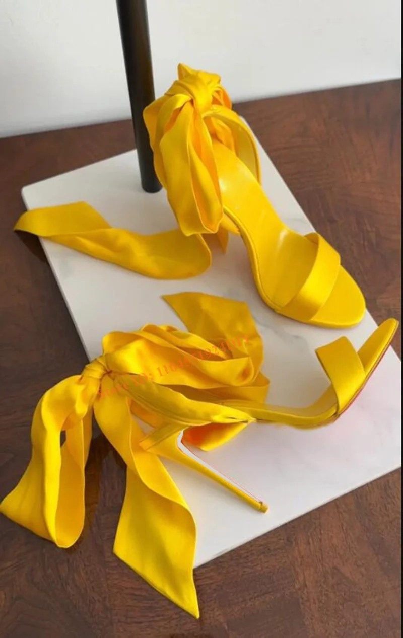 

Summer Yellow Silk Wrap Heels Women Thin Heeled Sandals Luxury Back Bowtie Knot High Heels Gladiator Party Prom Shoes