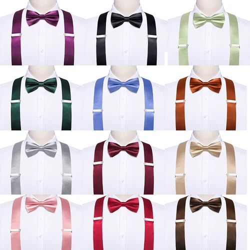 Imagen 2 del producto Tirantes de seda Hi-Tie para hombre, conjunto de gemelos y pañuelo con pajarita, Clip trasero en la espalda, pajarita ajustable, boda, negocios, liso