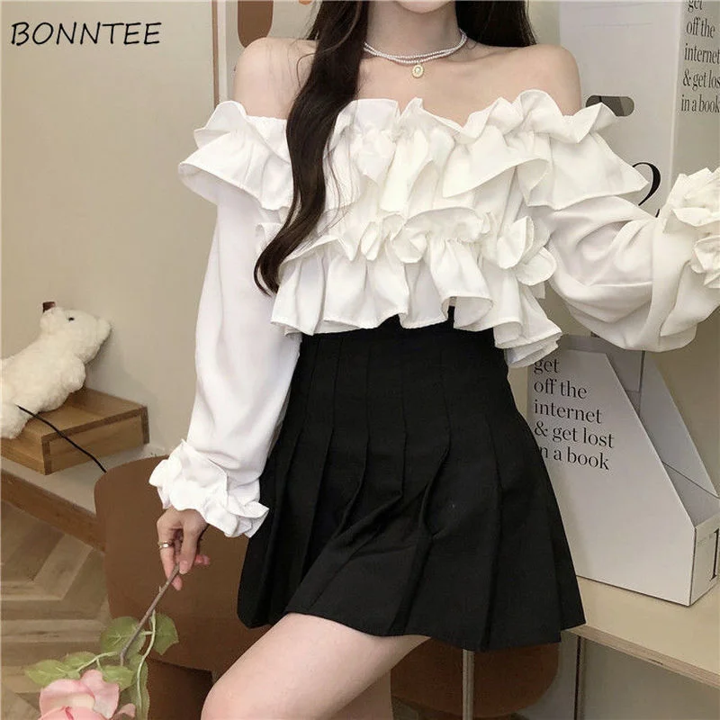 

Sets Woman Skirts Mini Solid Long Sleeve T-shirts Casual Elegant Ruffles Fashion Chic Streetwear Summer Ladies Design Slash Neck