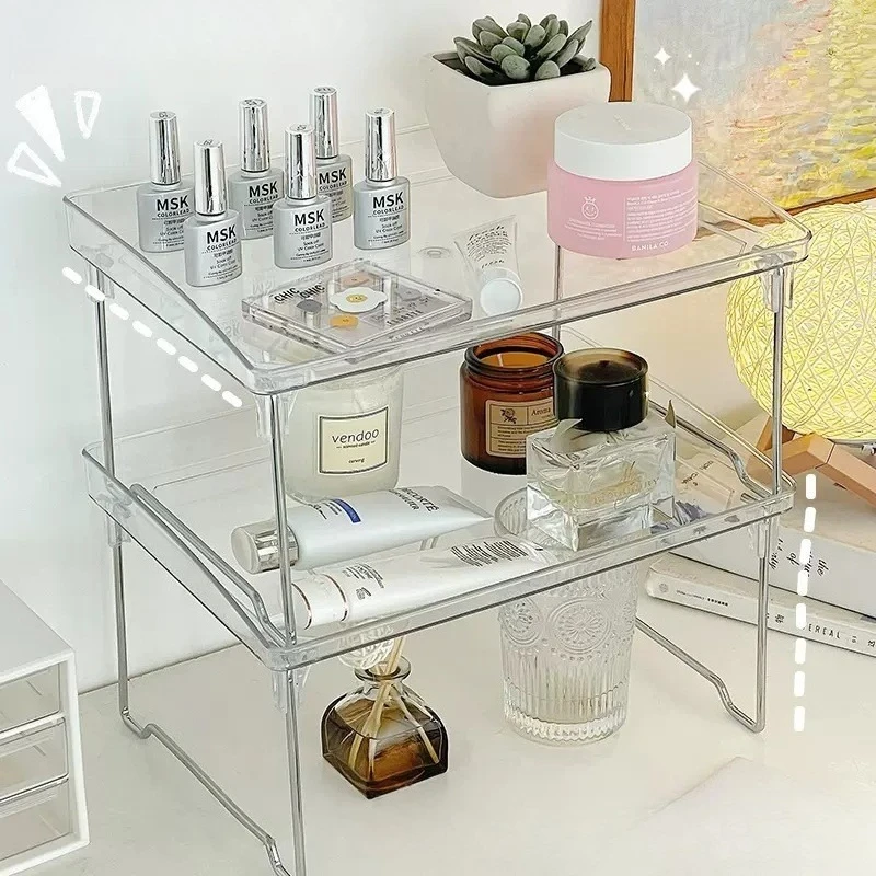 Transparent Makeup Organizer Girls  Acrylic Cosmetic Storage Holder Stackable Multi Functional Bathroom Two Layer Cabinet Shelf