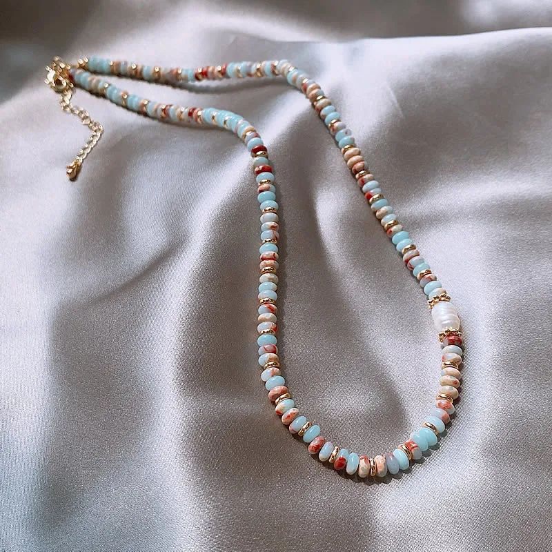 Reine handgemachte gewebte Natursteinperlenkette Perlenanhänger Halskette Luxuriöse Accessoires für Damenhals Modeschmuck – Detail 8