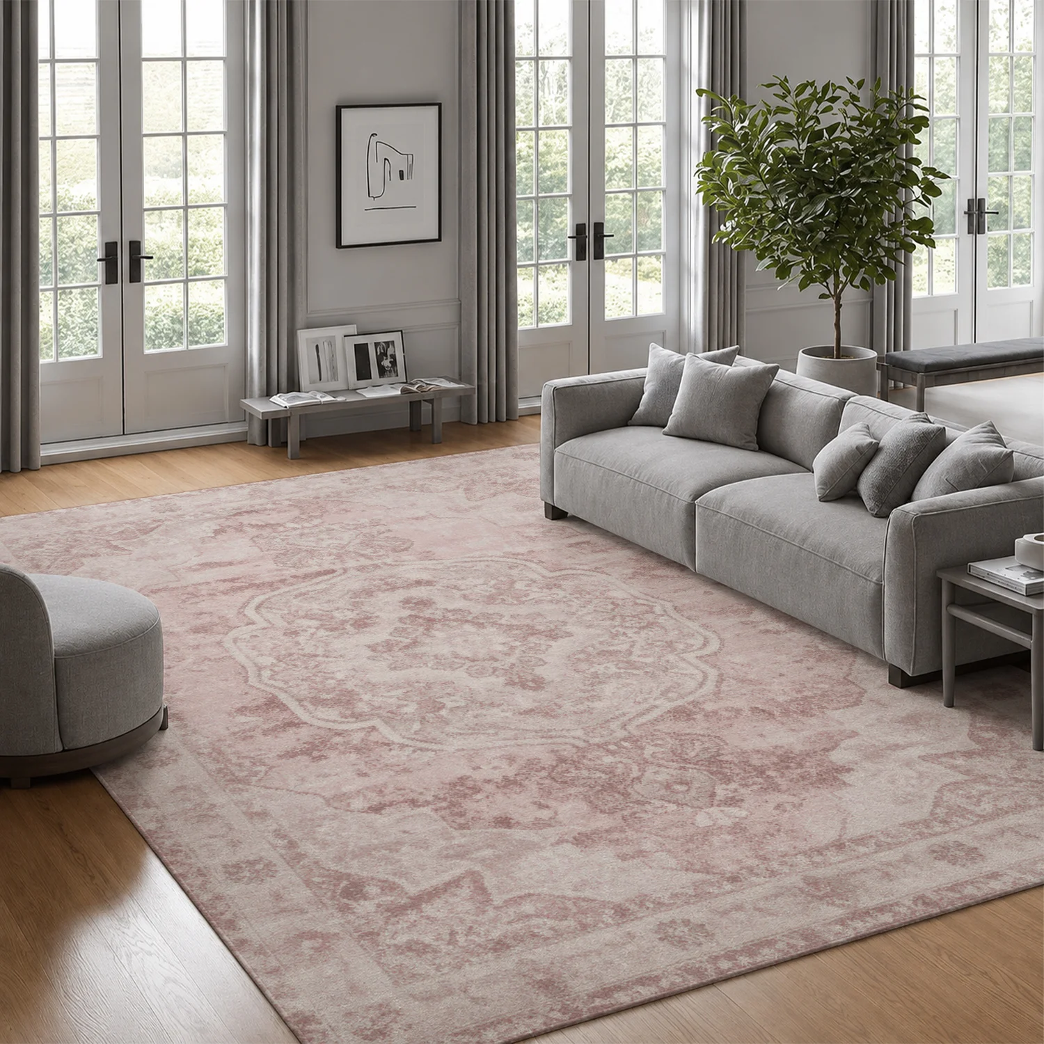 Large Indoor Area Rug, Soft Velvet Low Pile Vintage Blush Medallion Rug with Non-Slip Dotted Backing, Machine Washable for Living Room, Bedroom, Home Decor