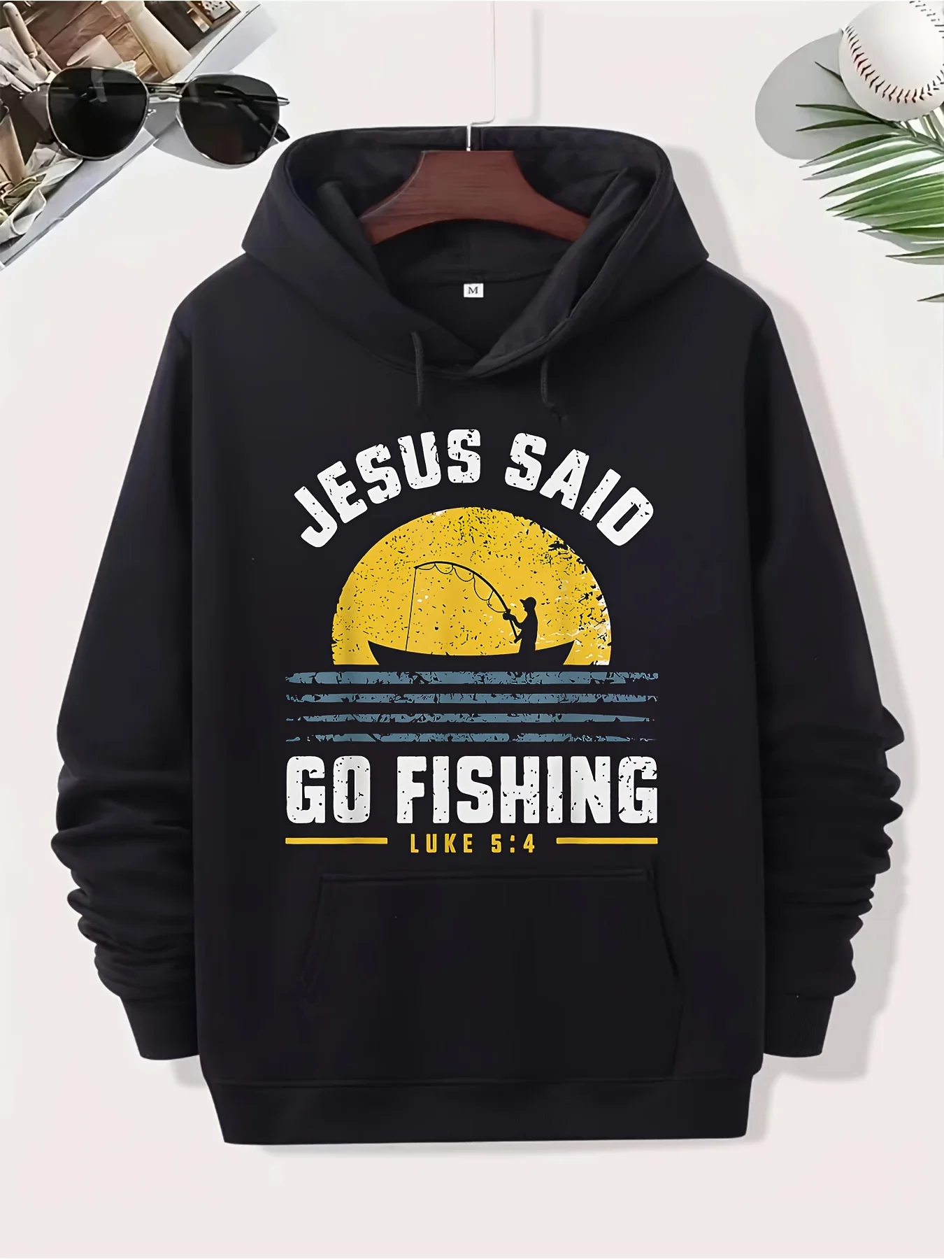 سترة بقلنسوة لصيد الأسماك المسيحية للرجال - سترة بقلنسوة سوداء لصيد الأسماك على الكتاب المقدس الآية Luke 5:4 - مع