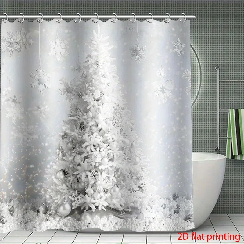 4Pcs Shower Curtain Set, White Xmas Tree with Snowflakes, Non-Slip Bath Mat, U-Shaped Toilet Cover, 12 Hooks Included